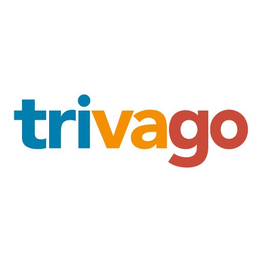 the logo for trivago is shown in blue and orange letters on a white background