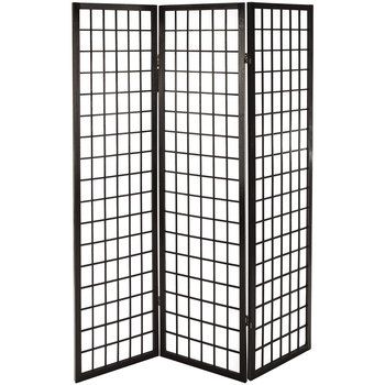 a black room divider with squares on the top and bottom, in front of a white background