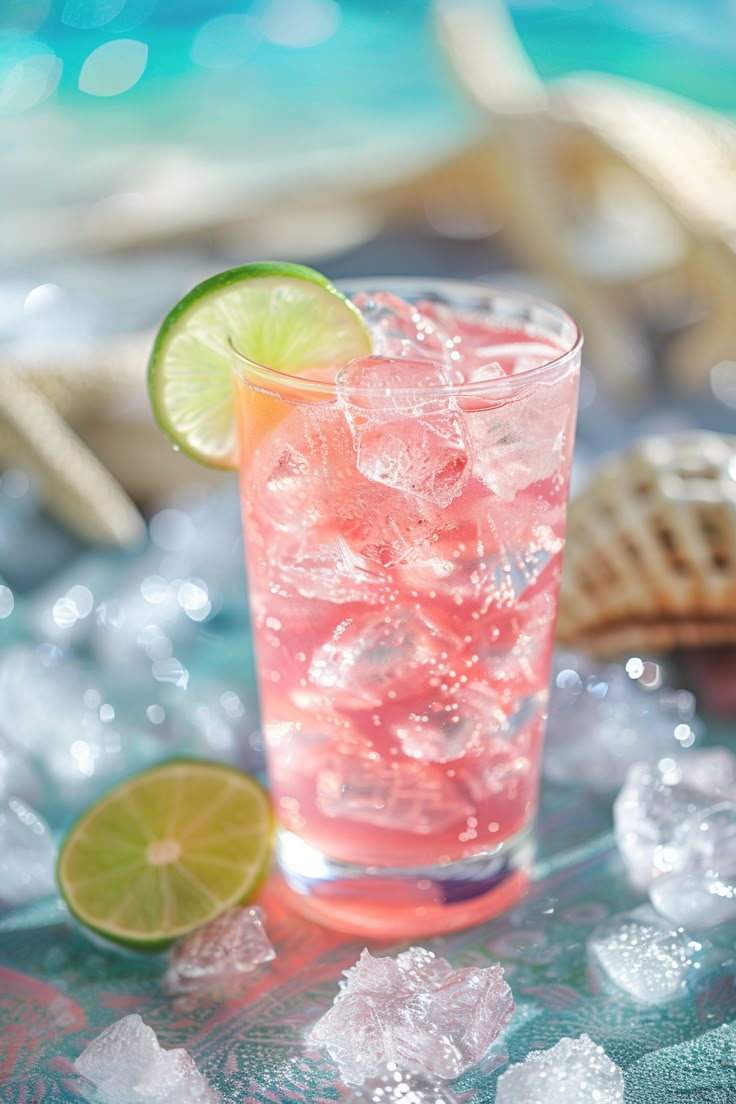 a pink drink with limes and ice on a table next to the beach,