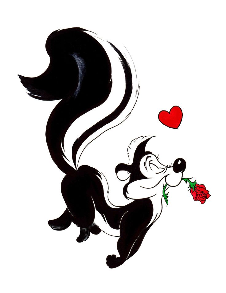 the skunk is holding a rose in its mouth