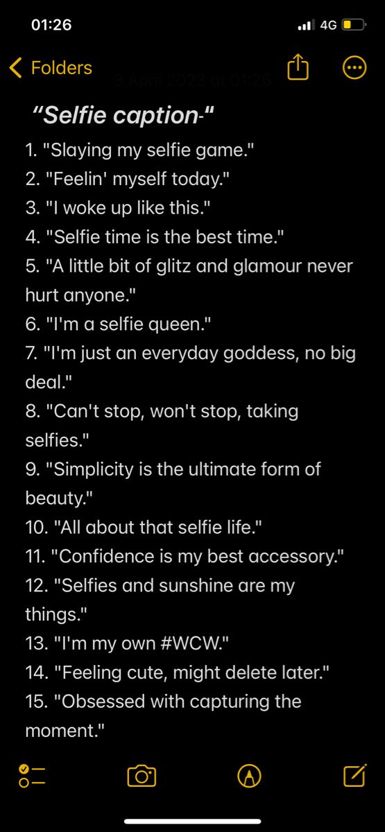 an iphone screen with the words selfie caption in yellow and black on it