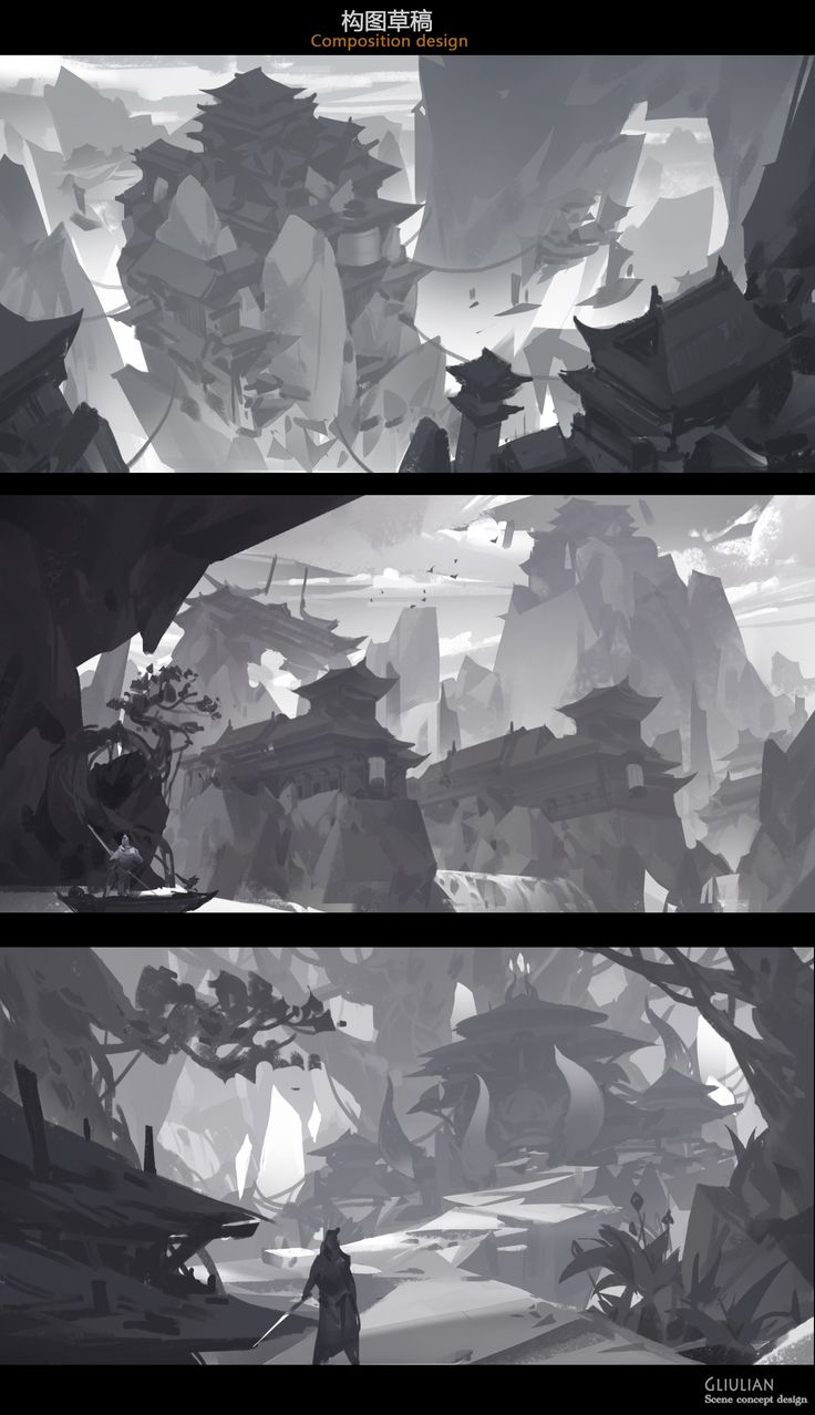 three different views of an animated landscape