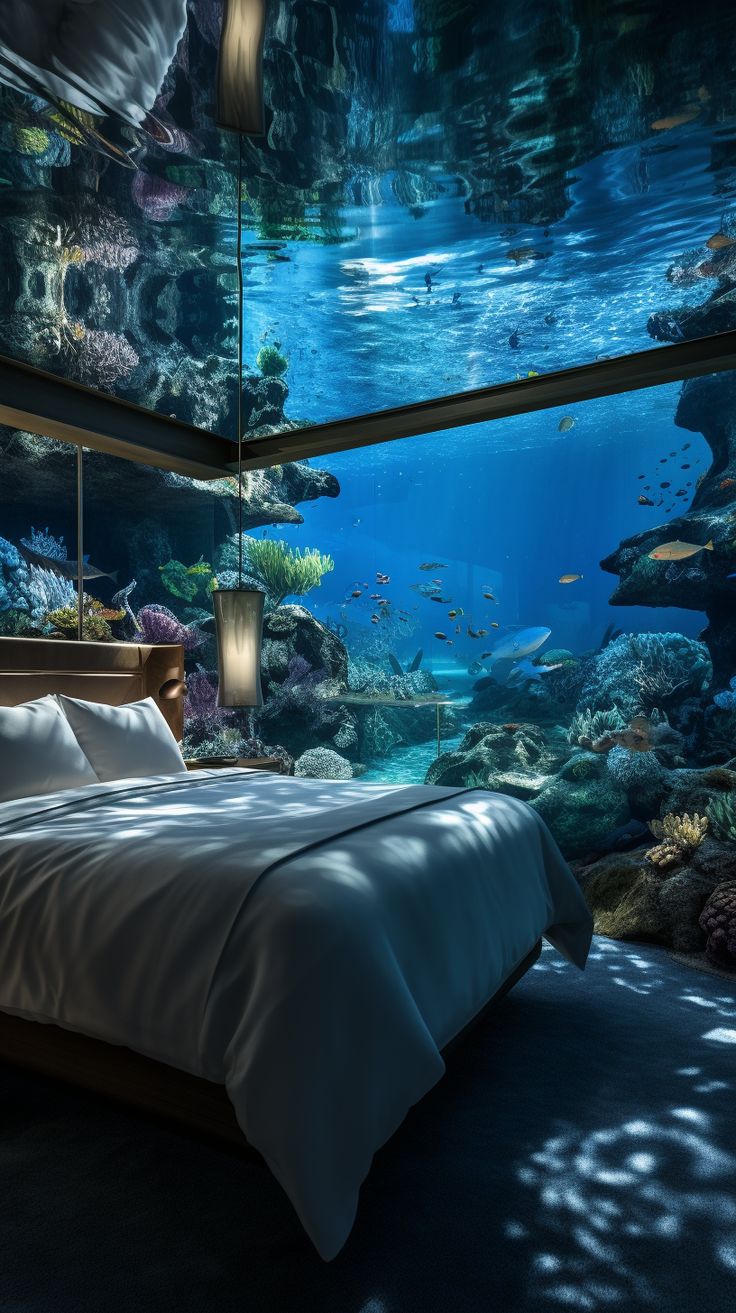 a bed sitting under a large aquarium filled with fish