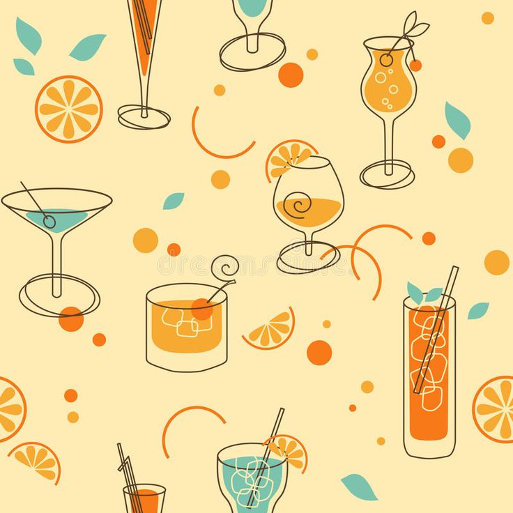 an orange and blue cocktail pattern on a yellow background