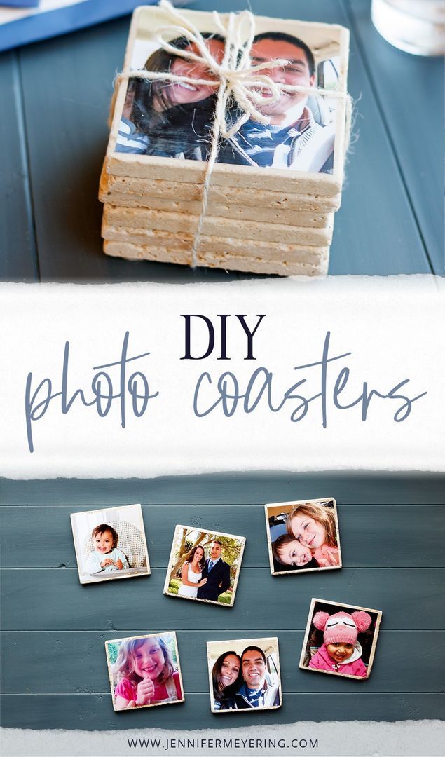 the diy photo coasters are stacked on top of each other and tied with twine