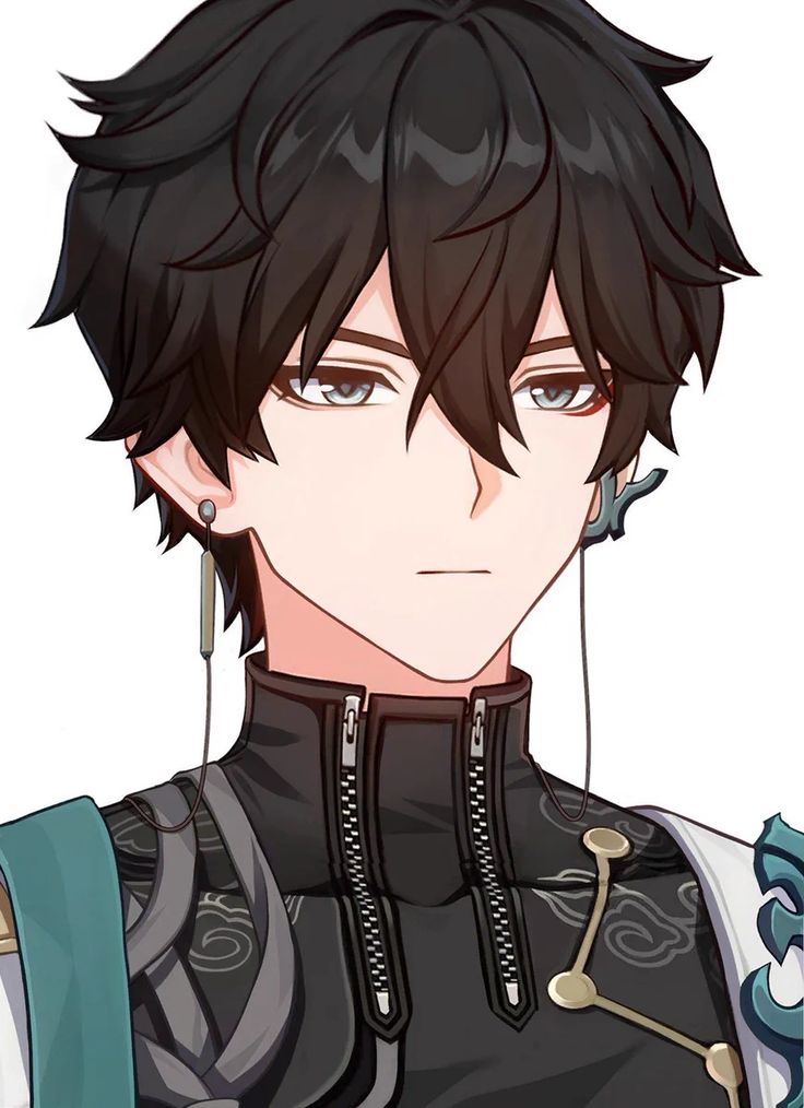 an anime character with black hair, wearing headphones and holding a cell phone to his ear