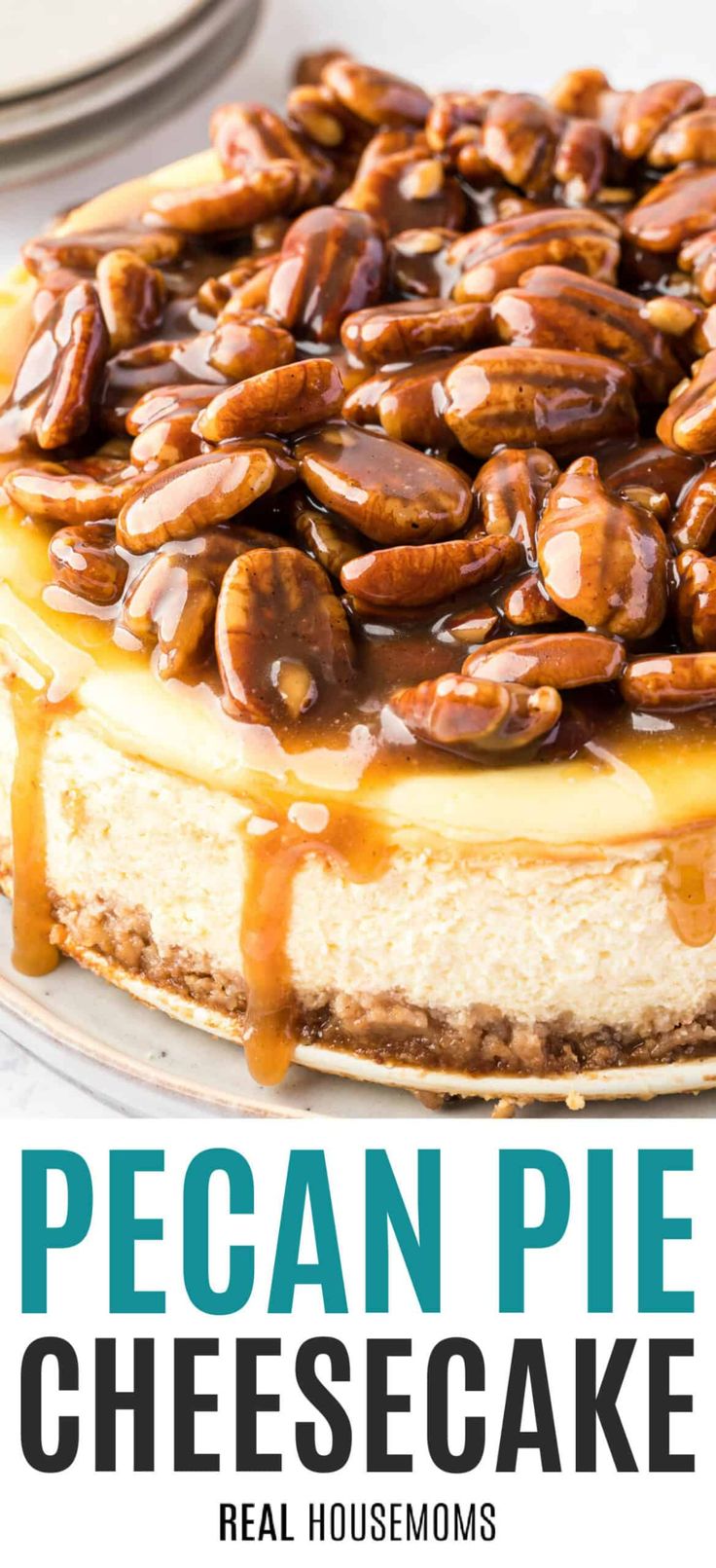 a cheesecake with pecans on top and caramel sauce drizzled over it