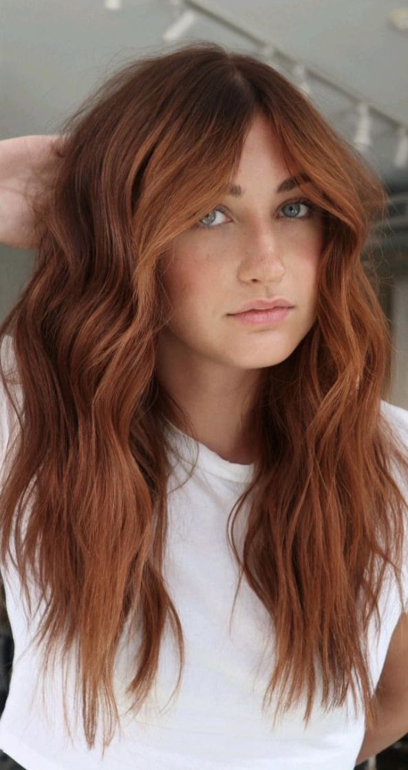 Natural Red Orange Hair Color, Medium Auburn Red Hair, Mid Length Copper Hair With Layers, Medium Length Haircut Copper, Ginger Hair With Root Smudge, Copper Hair And Blue Eyes, Hair Color Cowboy Copper, Auburn Hair Color With Dark Roots, Long Layered Auburn Hair