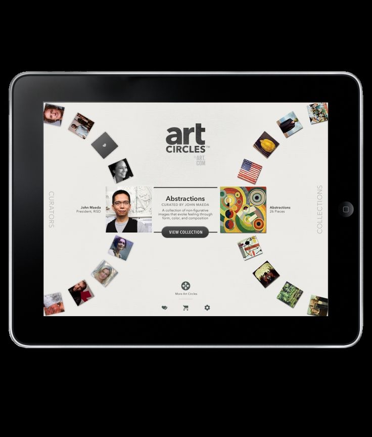 an ipad displaying the art circles website on it's display screen, with multiple images and captions