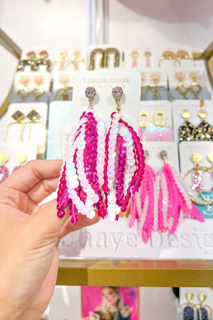 Handmade with love, these statement earrings are perfect for Valentine's Day or Spanish Town Parade! Trendy Tassel Earrings With Dangling Beads, Trendy Tassel Dangle Earrings, Trendy Beaded Tassel Earrings For Party, Trendy Party Tassel Earrings With Dangling Beads, Trendy Tassel Earrings With Dangling Beads For Party, Trendy Pink Tassel Earrings For Party, Spanish Towns, Fuchsia Color, Handmade With Love