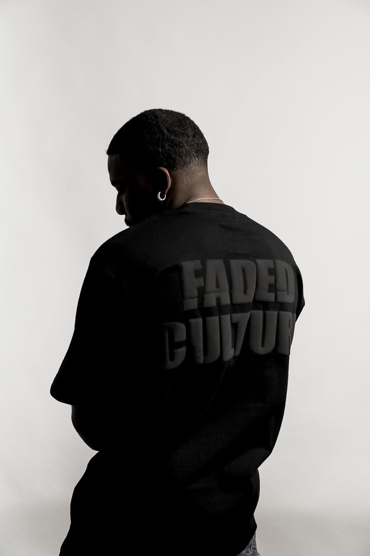 Black on black FAded culture t shirt with puff font Black On Black Streetwear, Faded Culture Barber, Black On Black Graphic Design, Puff Tshirt Design, Font Tshirt Design, Creative T Shirts, Clothing Design Streetwear, Streetwear Branding Design, Creative T Shirt Design Inspiration