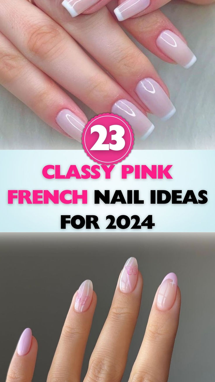 Discover the most elegant pink French nails to try in 2024. Pink French Tip Nail Art, Pink French Manicure Designs, French Manicure Summer 2024, Pink And White Almond Nails French Tip, French Manicure Designs Pink, Pink Nail Designs French Tips, Blush Pink French Tip Nails, Pink And White Tip Nails, Pale Pink French Tip Nails