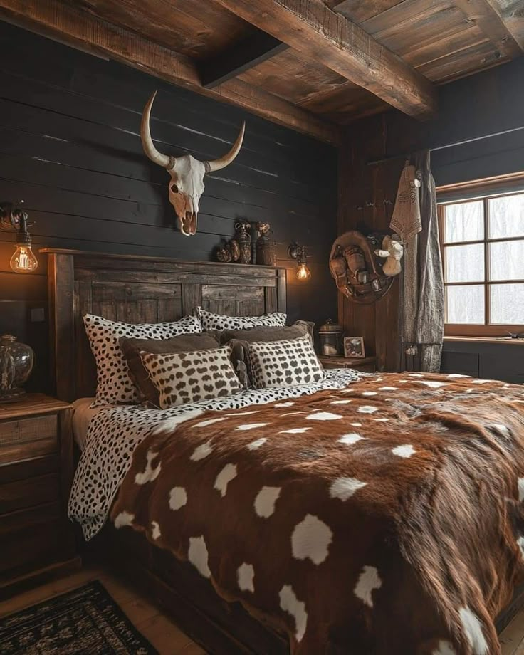 a bed room with a neatly made bed and a cow skull on the wall