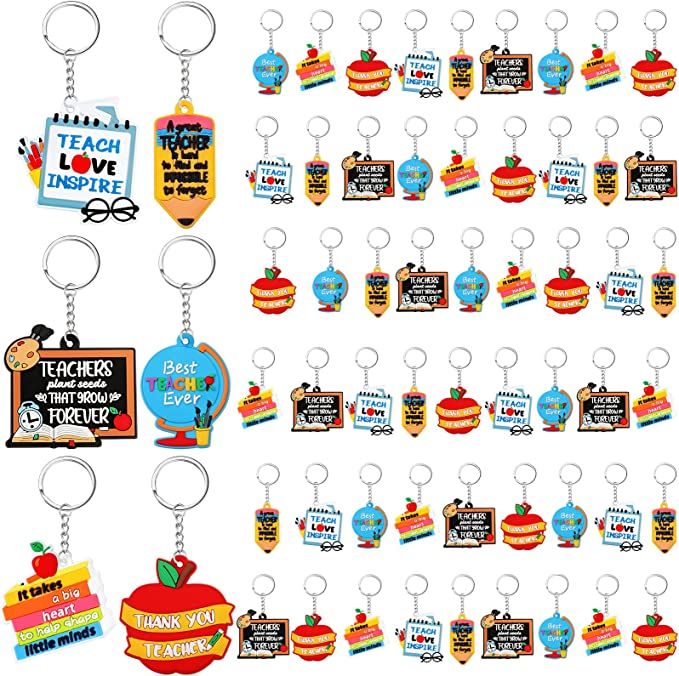 an assortment of key chains and magnets for kids to use in the school days