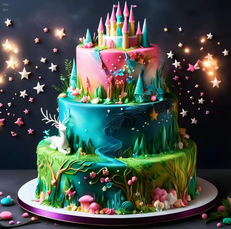 a colorful cake with lots of frosting and decorations on it's side, surrounded by stars