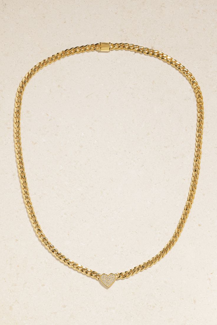 Nikki Erwin founded Established after over a decade of experience in the world of fine jewelry. Handmade from 18-karat gold, this necklace is strung with a diamond-encrusted heart pendant on a chunky Cuban chain. Add it to your daily stack. Gold Necklace For Everyday Luxury, Gold Diamond Necklace With Chain For Anniversary, Formal Round Wheat Chain Necklace, Formal Wheat Chain Necklace, Elegant Diamond Necklace With Cuban Link As Gift, Gold Cuban Link Tennis Necklace, Elegant Cuban Link Anniversary Necklaces, Elegant Cuban Link Necklaces For Anniversary, Elegant Pendant Necklace With Curb Chain