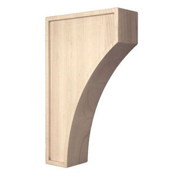 an unfinished wooden shelf bracket on a white background