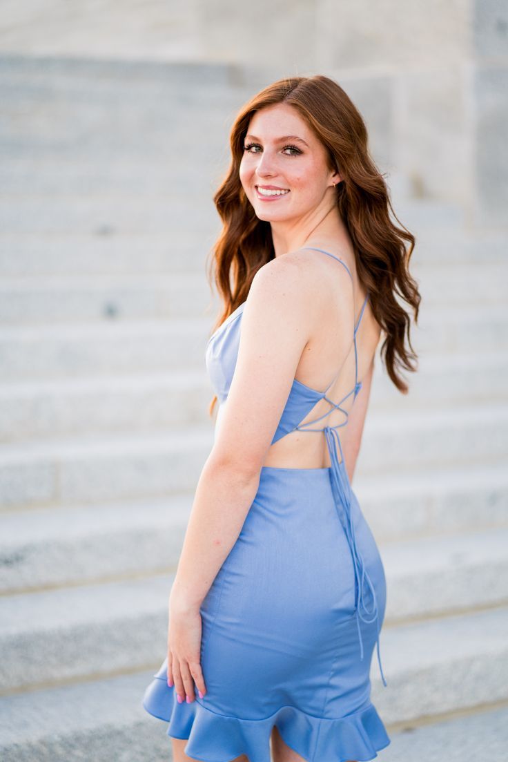 A model in a simple fitted dress features spaghetti straps and a lace-up back with ruffle hemline. Simple Fitted Dress, Hoco Dress, Neutral Shoes, Hoco Dresses, Glam Fashion, Dream Dress, Preppy Style, Fitted Dress, 90s Fashion