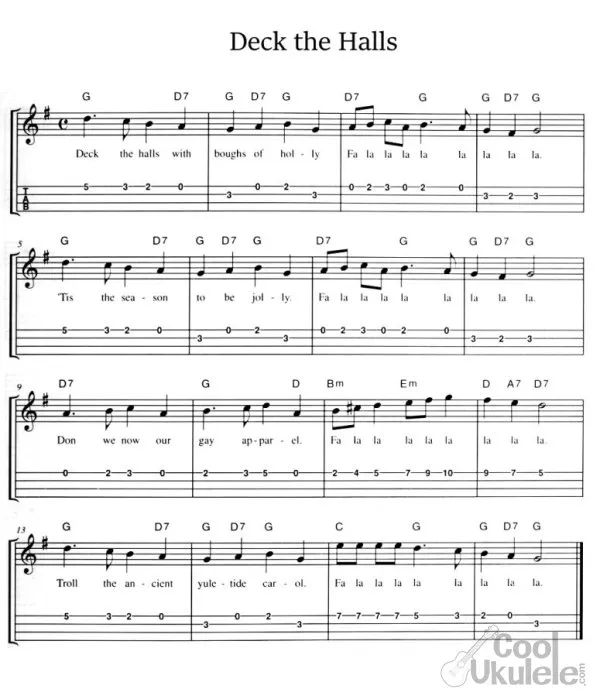 sheet music with the words deck the hall