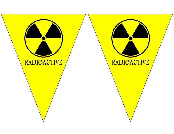 two yellow and black radioactive triangle flags with the words radioactive on them, one is for radioactive