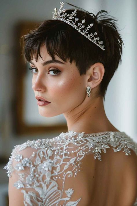 a woman with short hair wearing a tiara