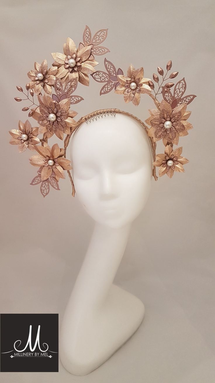 Millinery By Mel design  Rose gold leather and embellished crown #millinerybymel Accessories Drawing Ideas, Head Accessories Drawing, Cute Head Accessories, Accessories Drawing, Flower Headdress, Headpiece Diy, Crazy Hats, Headpiece Jewelry, Head Jewelry