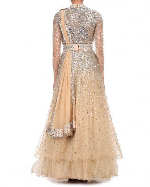 Beige Color Indo Western Gown Traditional Drape Dress With Sheer Dupatta For Gala, Sequined Ball Gown For Receptions, Sequin Ball Gown For Reception, Festive Embellished Ball Gown For Reception, Anarkali Gown With Sequins For Wedding, Floor-length Sequined Lehenga For Gala, Sequin Floor-length Lehenga For Gala, Organza Evening Dress With Sequins For Reception, Sequined Organza Evening Dress For Reception