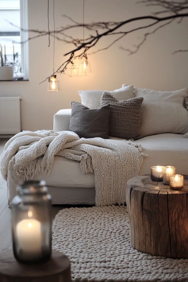 a living room filled with lots of white furniture and candles on top of the table