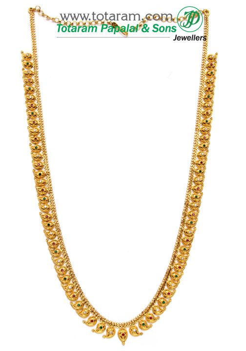 22 Karat Gold 'Mango' Mala with Stones
   - 235-GN517 - in 45.600 Grams for USD $3503.19. 
Made in India by Totaram Jewelers Online this product is in Gold - 22 Karat BIS Hallmark 916 KDM Gold  & is an excellent gift for Adult - Women. Ships fully insured with secured guaranteed delivery for free with your order over $250 from New Jersey USA & comes with 30 days exchange policy. Luxury Gold Temple Jewelry Mala, Gundla Mala Necklaces Gold, Luxury Gold Bollywood Mala, Mango Mala Jewellery, Simple Diamond Jewelry, Gold Haram Designs, Mango Mala, Indian Gold Jewelry, Gold Haram