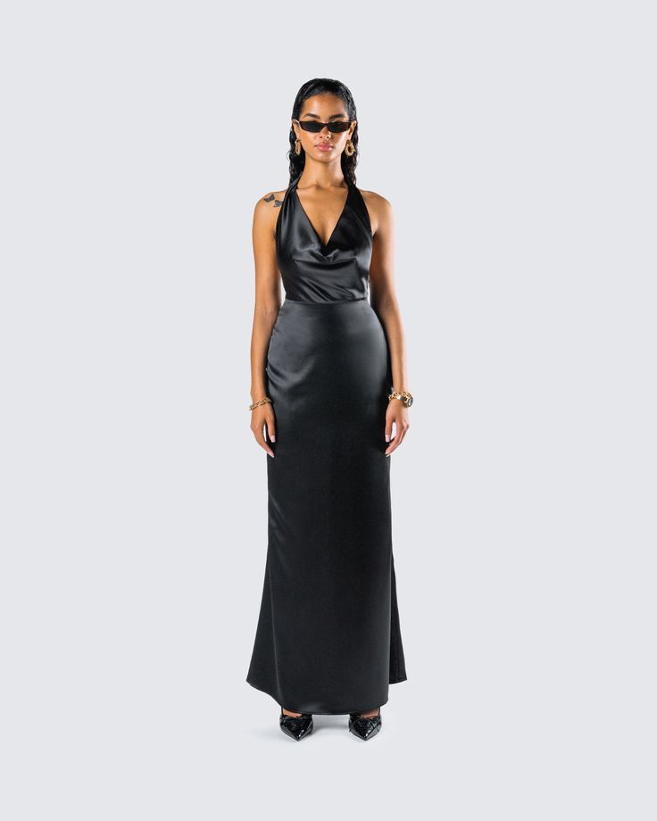 Slip into seduction with this black maxi dress 🖤 Made from luxurious satin charmeuse fabric, this piece is complete with a bias cut and a cowl neck for a look that gives off a chic and mysterious vibe that will have everyone hooked 😌 Holly Black, Black Maxi, Cargo Pant, Cowl Neck, Black Satin, Black Maxi Dress, Dresses Xs, Dress Making, Print Dress