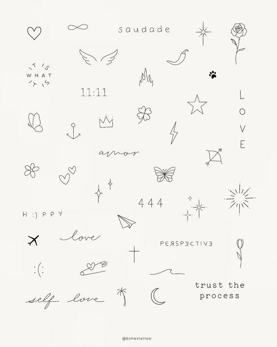 the words and symbols used in this tattoo design are drawn on white paper with black ink