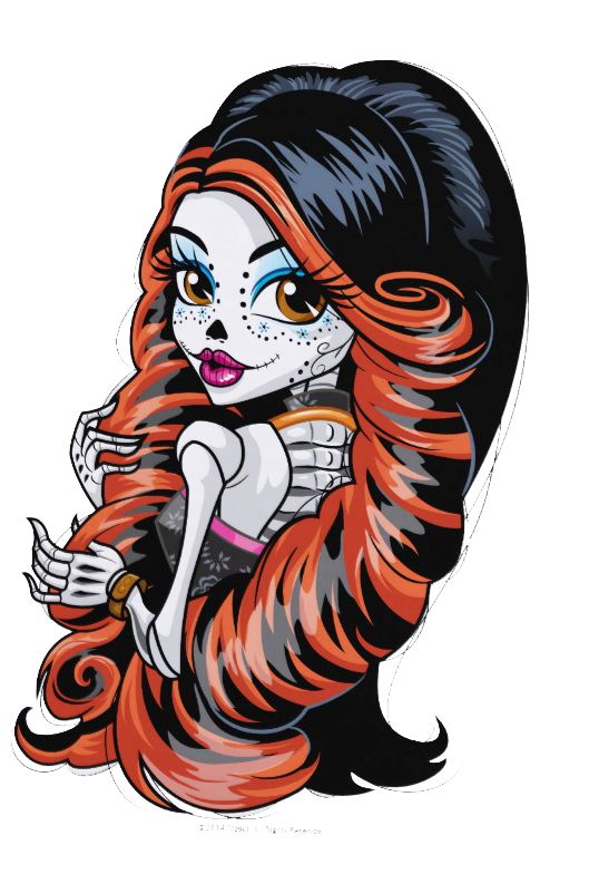 a drawing of a girl with long red hair and skeleton make up on her face