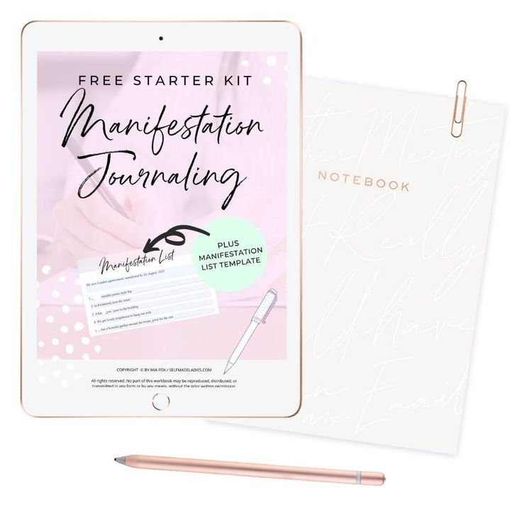 the free starter kit for manifesting includes a notebook, pen and notepad