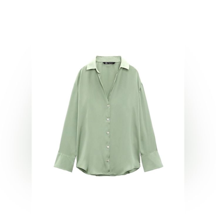 Zara Like New / Never Worn Beautiful Green Satin Button Down Blouse With V-Neck Collar And Long Sleeves. Green V-neck Shirt With Button Closure, Summer V-neck Blouse With Button Cuffs, Chic V-neck Shirt With Button Closure, Chic Blouse With Lapel Collar And Button Closure, Fall V-neck Blouse With Placket, Chic Tops With Collared Neckline And Button Closure, Chic Tops With Collared Neckline And Button Cuffs, Spring Top With Johnny Collar And Button Closure, Green V-neck Blouse With Buttons