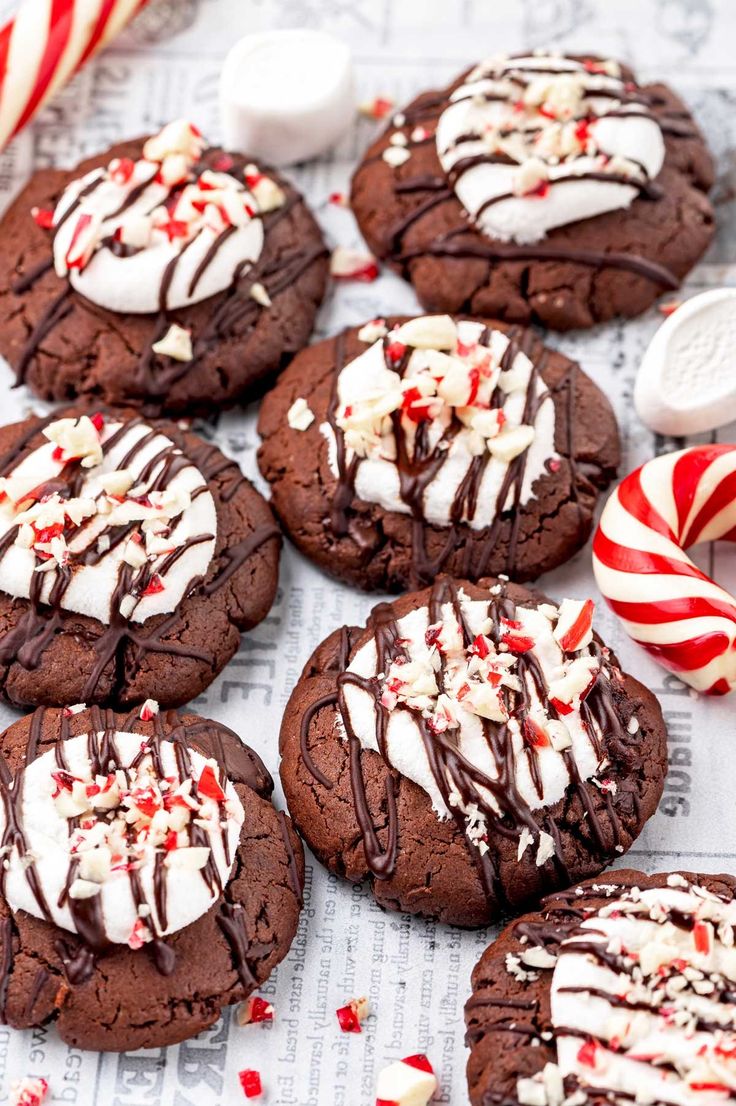 chocolate cookies with white and red candy canes