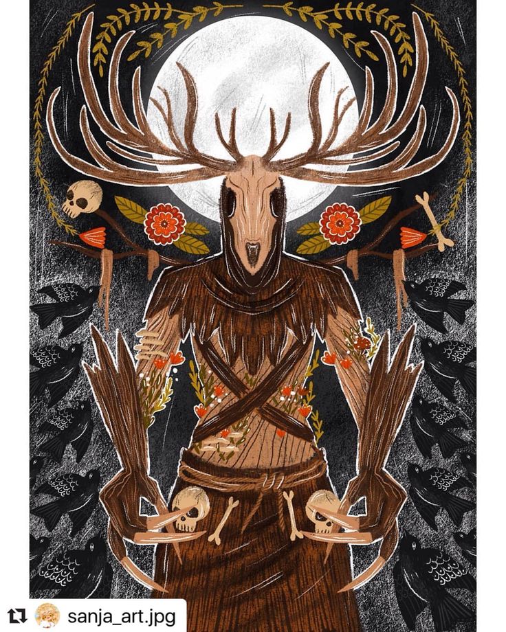 an image of a deer with horns and skulls