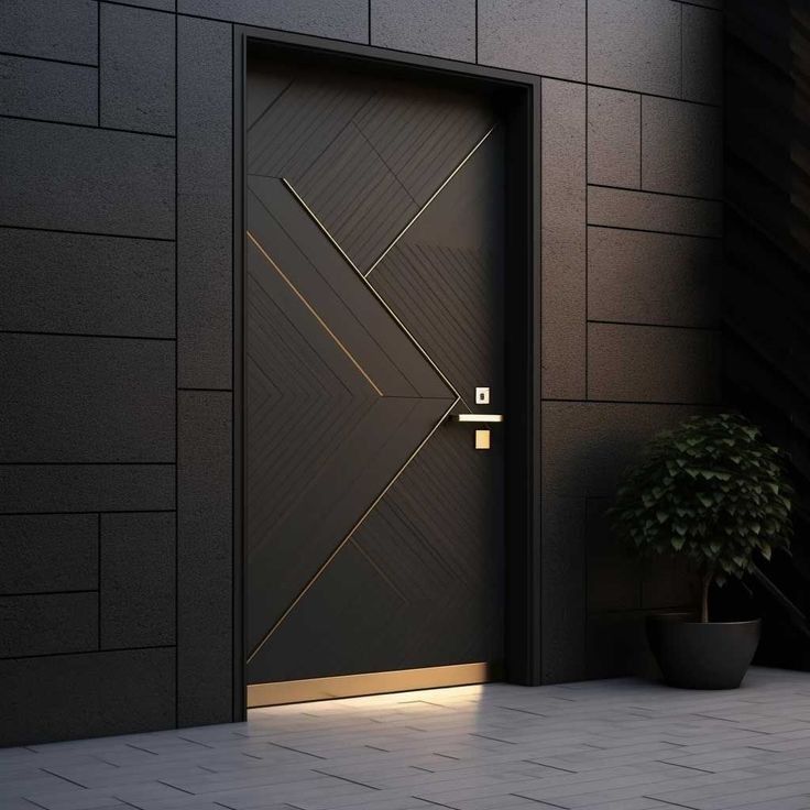 a modern door is shown in front of a black brick wall and potted plant