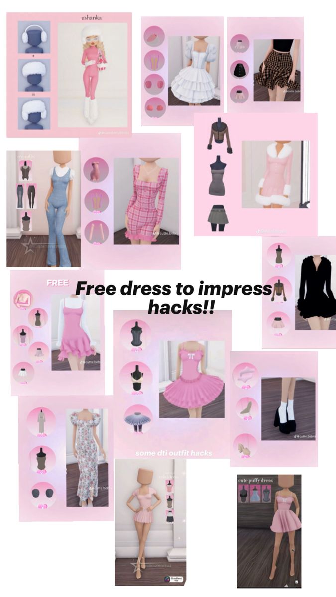 a collage of photos with pink and black outfits on them, including dresses to impress hacks