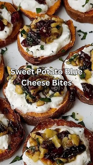 sweet potato blue cheese bites with cranberry sauce