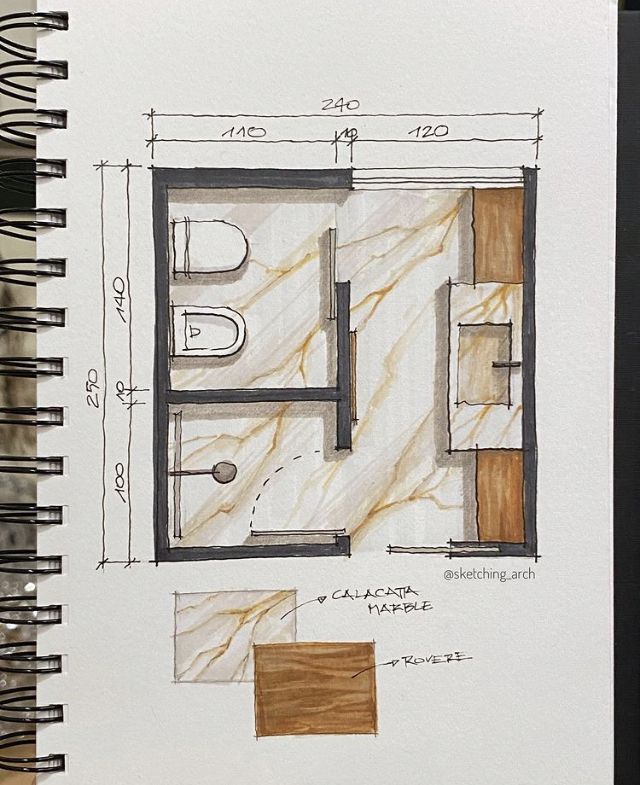 a drawing of a bathroom with the floor plan drawn in pencil and watercolor on paper