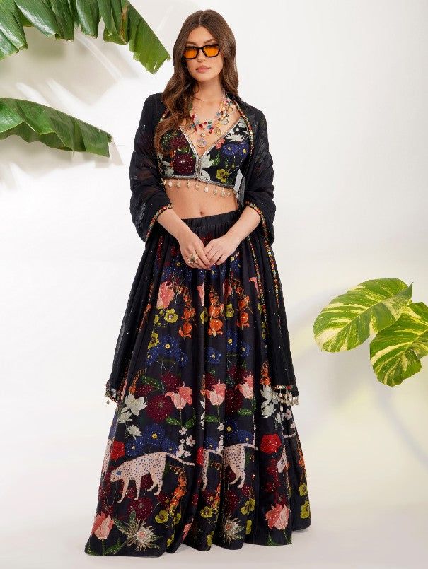 Black Flora Fauna Lehenga Set (Set of 3) By Devyani Malhotra now available at Trendroots Shell Tassels, Print Lehenga, Chanderi Dupatta, Black Lehenga, Flora Fauna, Yellow Fabric, Mirror Work, Embroidery Work, Best Deal