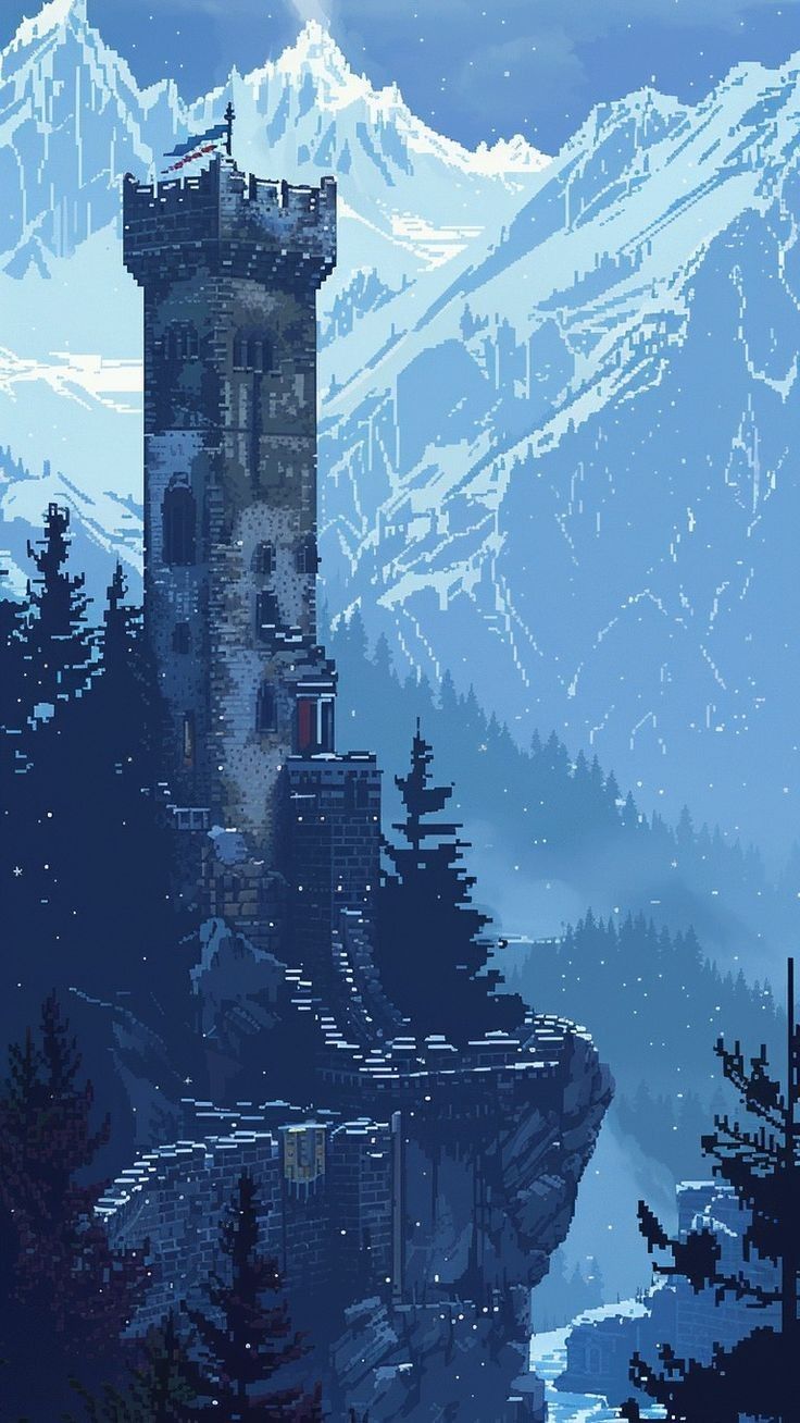 a tall tower sitting on top of a snow covered mountain next to a forest filled with trees