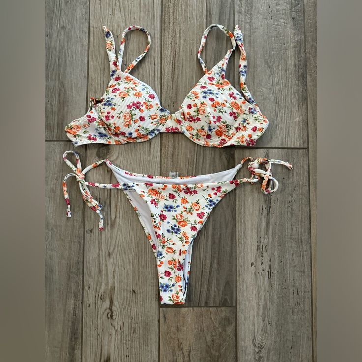 Cute, Floral Bikini Set. Brand New, Never Worn. Top - Medium Bottom - Large Fitted White Summer Swimwear, White Underwire Swimwear For Spring, White Lined Swimwear For Spring, White Fitted Swimwear For Poolside, Fitted White Swimwear For Poolside, Fitted White Swimwear For Beach Season, Spring White Printed Swimwear, Fitted White Swimwear For Beach Party, White Underwire Swimwear For Beachwear