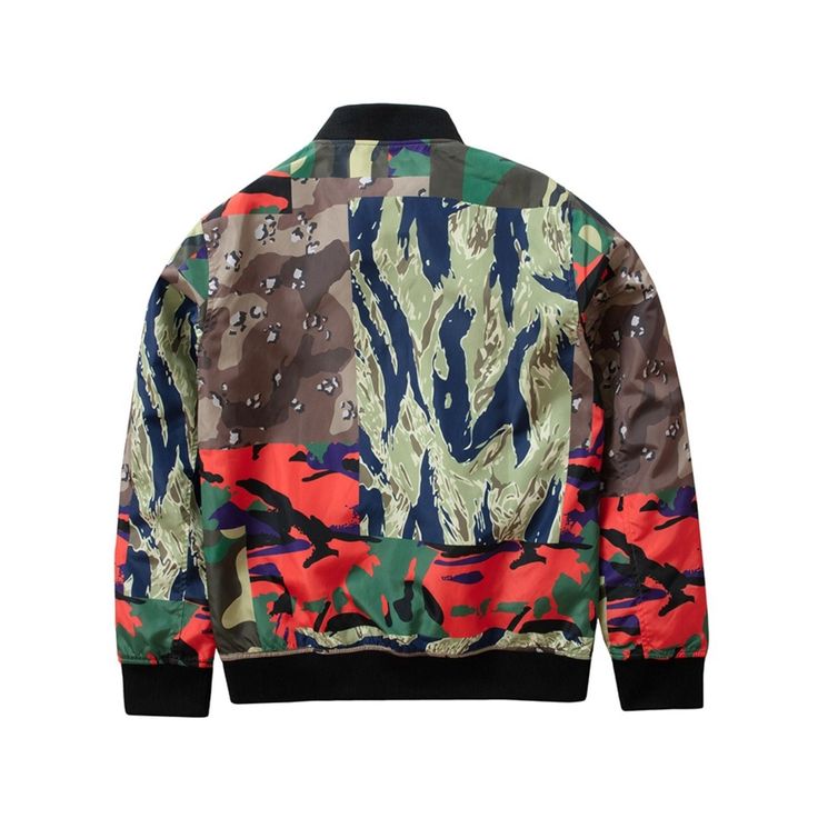 Colorful camo all over print nylon bomber jacket with two layer poly tackle twill applique on chest, front snap buttons, front welt pockets, and interior welt pocket. 100% polyester. Camo pattern will vary on each garment depending on fabric placement. Machine wash cold. Imported. By Staple. Style: 2201O6881 Fall Patchwork Windbreaker For Streetwear, Urban Patchwork Windbreaker For Streetwear, Winter Camouflage Nylon Outerwear, Multicolor Patched Outerwear For Streetwear, Multicolor Outerwear With Patches For Streetwear, Fall Patchwork Nylon Windbreaker, Long Sleeve Outerwear With Patches For Outdoor, Casual Outerwear With Patches For Outdoor, Casual Outdoor Outerwear With Patches