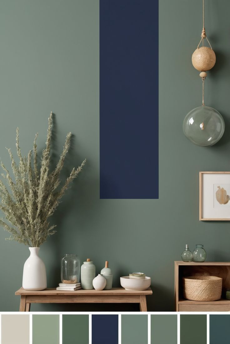 a living room with green and blue walls, white vases and other items on the table