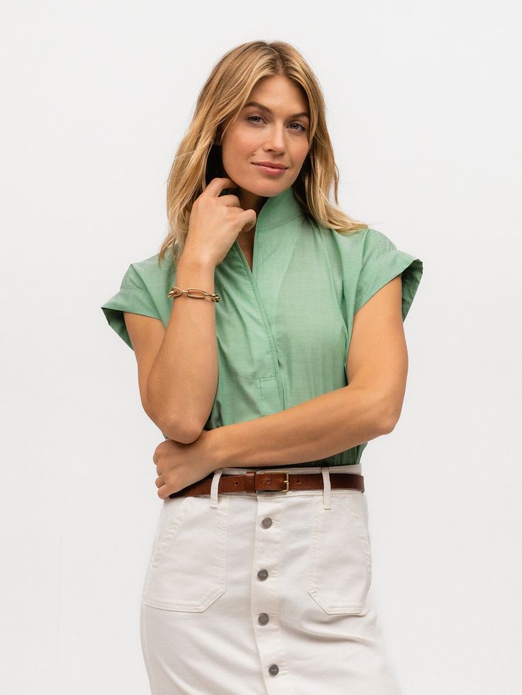 GREEN SOLID Our warm-weather must-have Cap Sleeve tunic-style shirt in a vibrant green cotton voile. Spring Tops With Rolled Sleeves, Spring Shirt With Rolled Sleeves, Spring Rolled Sleeve Short Tops, Short Sleeve Tops With Rolled Sleeves For Spring, Light Green Short Sleeve Cotton Top, Light Green Cotton Short Sleeve Top, Casual Kelly Green Tops, Casual Green Top With Relaxed Fit, Casual Green Relaxed Fit Top