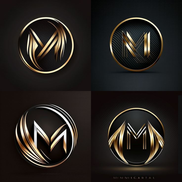 the letter m in gold and black colors on a dark background, with different angles