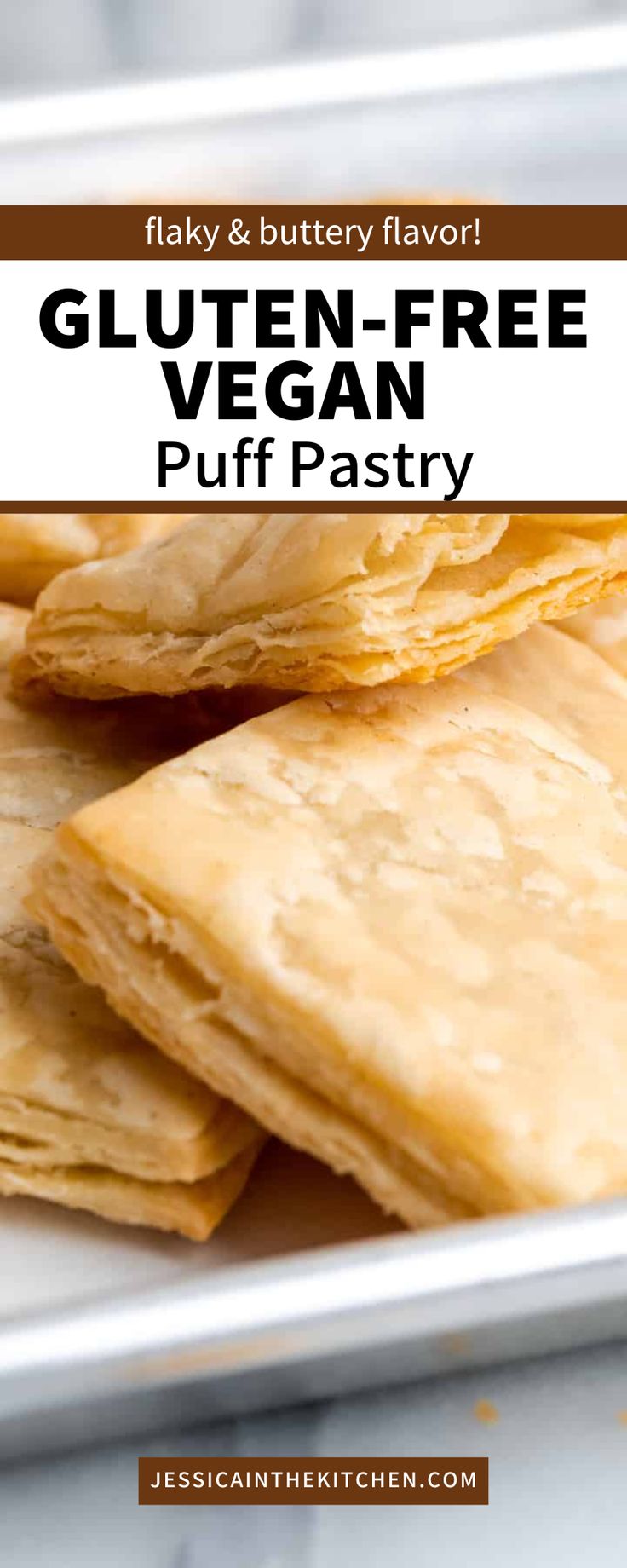 gluten - free vegan puff pastry on a plate with text overlay