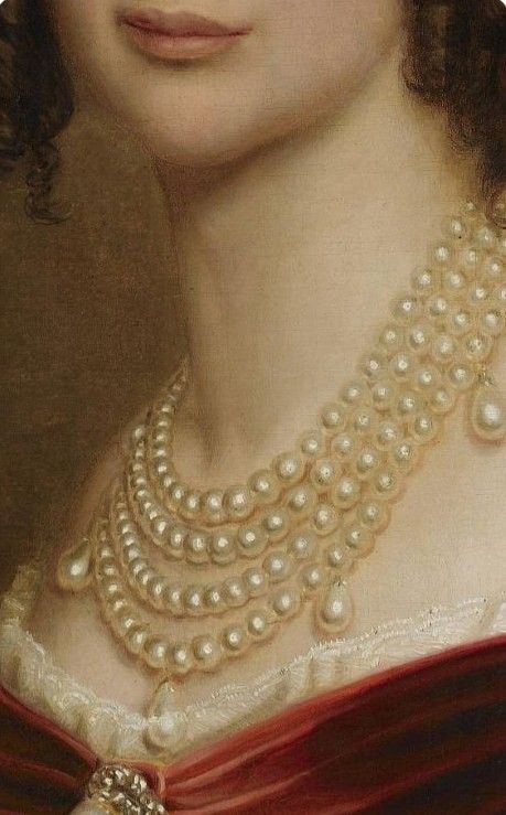 an old painting of a woman with pearls on her neck and hair wearing a red dress