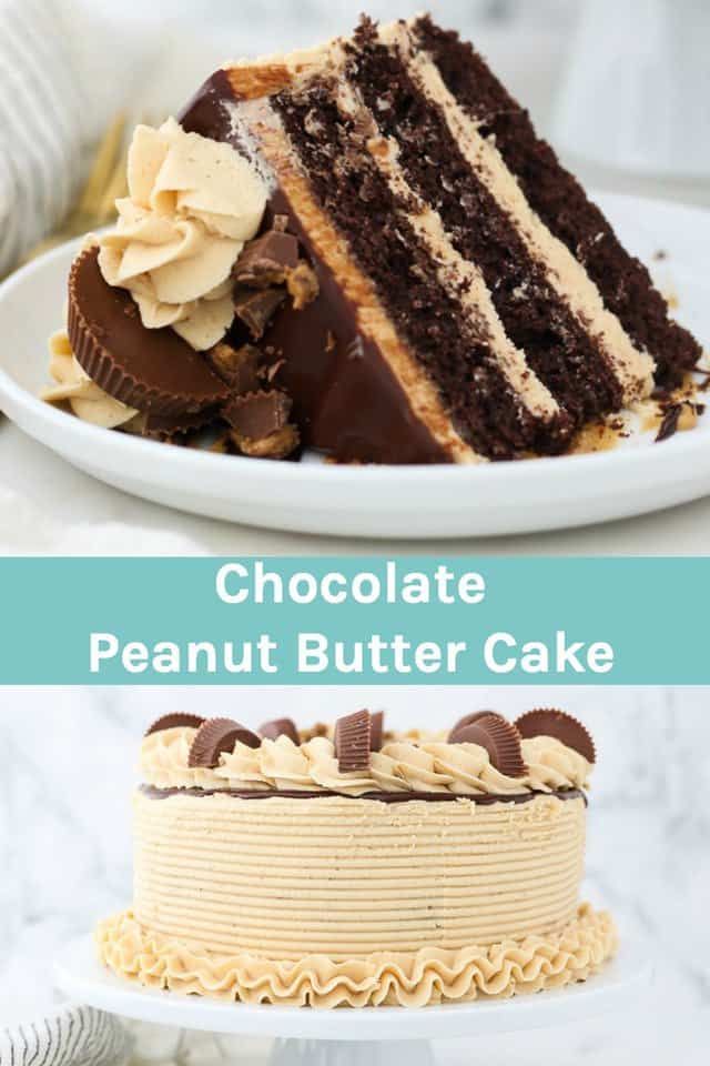 chocolate peanut butter cake on a white plate with the words, chocolate peanut butter cake